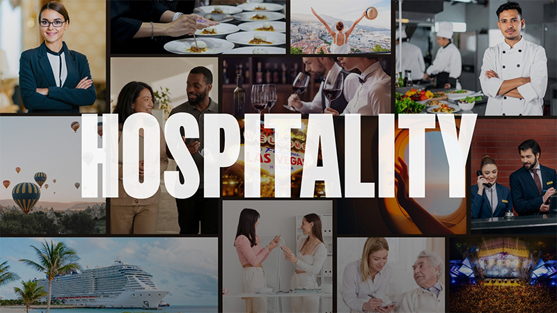 Collage of hospitality industry related fields with the word Hospitality overlayed.