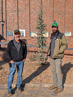 Logan Alexander and Lowell Kaufman stand next to the tree in front of Morrison Hall