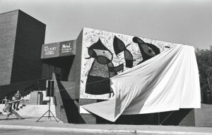 The Miro mural being unveiled after installation in 1978.
