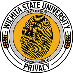 This is a picture of the WSU privacy logo with a black fingerprint embedded with wheat shocks on a gold background. The words Wichita State University and the contact information for the privacy office is listed on it which is 316-978-4HIP and hipaaprivacy@wichita.edu.