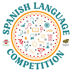 Spanish Language Competition in a round circle with the logos of USD 259 and Wichita State University to the sides. There are small images: one apple, a bird, a book, a flower, a leaf, pens, and small decorations.