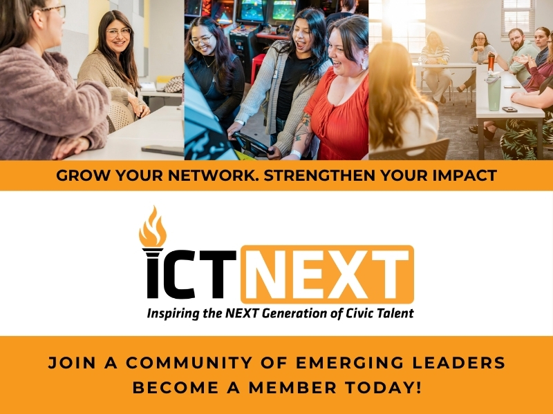 Orange and White graphic with three photos of young professionals at different events. Top left photo are two women talking to each other, center photo is three women playing an arcade game, right photo is a group of young professionals talking in a room. ICTNext logo.