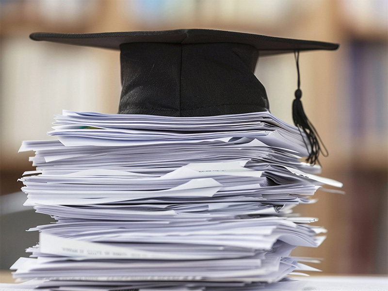 This is a picture of a black graduation hat sitting on a tall stack of white papers.