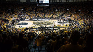 The AfterShocks play in Charles Koch Arena during the 2025 TBT in front of a full crowd of Shocker fans