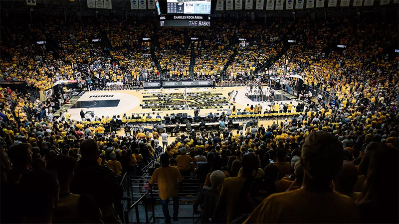 The AfterShocks play in Charles Koch Arena during the 2025 TBT in front of a full crowd of Shocker fans