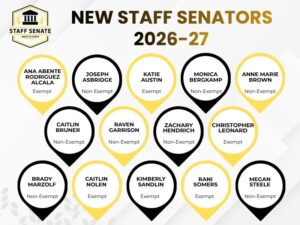 New Staff Senators 2026; Exempt: Ana Abente Rodriguez Alcala, Katie Austin, Christopher Leonard, Caitlin Nolen, Kimberly Sandlin, Rani Somers; Non-exempt: Joseph Asbridge, Monica Bergkamp, Anne Marie Brown, Caitlin Bruner, Raven Garrison, Zachary Hendrich, Brady Marzolf, Megan Steele