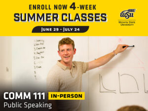 Enroll now 4-week summer classes. June 29-July 24, COMM 111, in-person, Public Speaking. A student presents in front of a white board.