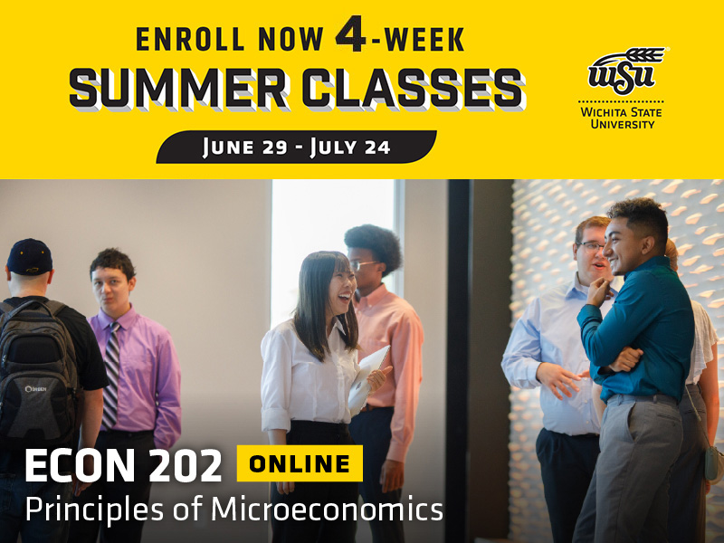 Enroll now 4-week summer classes. June 29-July 24. Students mingle at a business conference and the text ECON 202 - Online: Principles of Microeconomics