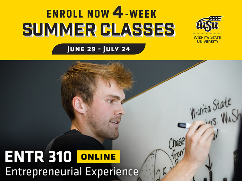 Enroll now 4-week summer classes. June 29-July 24, ENTR 310, online, Entrepreneurial Experience. A student works on a problem on a whiteboard.