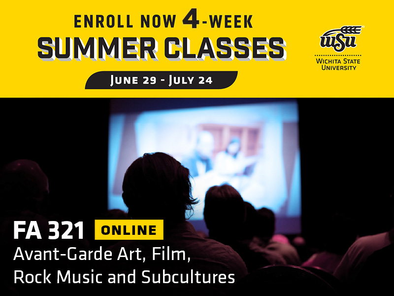 Enroll now 4-week summer classes. June 29-July 24. Students sit in a movie theatre and watch a movie with the text FA 321 - Avant-Garde Art, Film, Rock Music and Subcultures