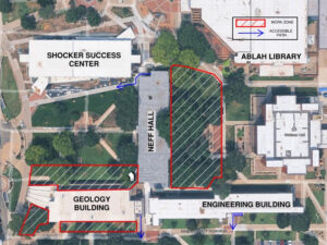 Site plan showing construction fencing and accessible routes for the Geology Building remodel construction.
