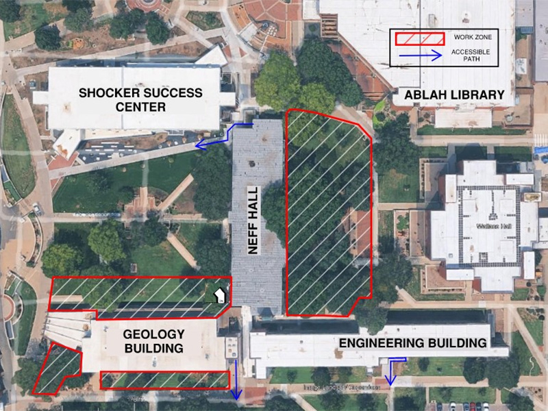 Site plan showing construction fencing and accessible routes for the Geology Building remodel construction.