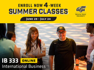 Enroll now 4-week summer classes. June 29-July 24, IB 333, online, International Business. Student mingle at a business conference.