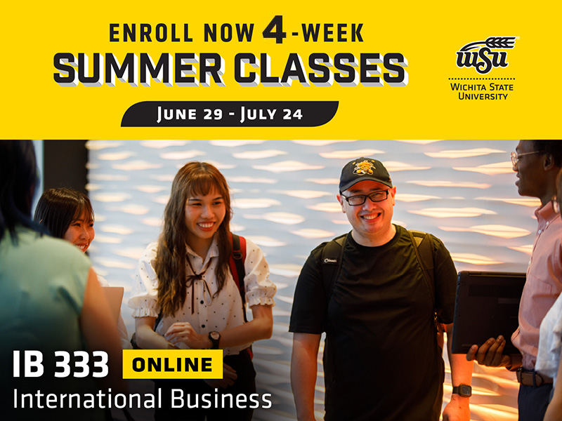Enroll now 4-week summer classes. June 29-July 24, IB 333, online, International Business. Student mingle at a business conference.