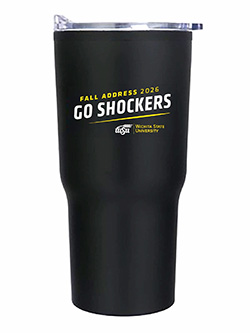A black tumbler with the text "Fall Address 2026 | Go Shockers" and the Wichita State logo