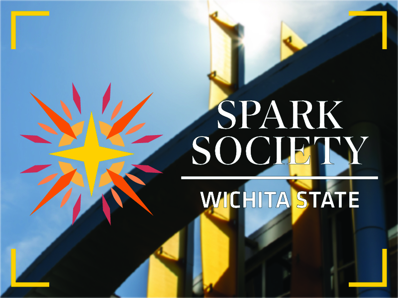 Spark Society Wichita State next to a yellow and orange stylized star, all over an image of the student center.