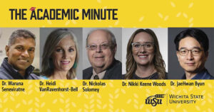 "The Academic Minute" and photos of each guest on a yellow background with white wheat kernels and WSU's logo