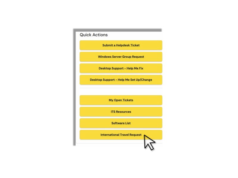 Screenshot from the Team Dynamix Client portal home page with an arrow over the International Travel Request button