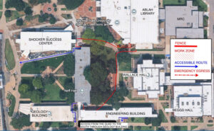 Map of areas affected by Neff Hall construction fencing. Geology Building’s accessible route is through the elevator at Ground Level. Pedestrians looking to exit the quad to the south may cut through the Geology Building and exit from the elevator at ground level. Additionally, Neff Hall’s accessible route is out through the building’s north entrance. Lastly, Ablah Library’s south emergency exit will have a temporary accessible route.