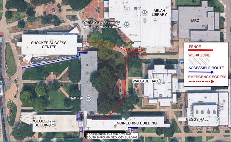 Map of areas affected by Neff Hall construction fencing. Geology Building’s accessible route is through the elevator at Ground Level. Pedestrians looking to exit the quad to the south may cut through the Geology Building and exit from the elevator at ground level. Additionally, Neff Hall’s accessible route is out through the building’s north entrance. Lastly, Ablah Library’s south emergency exit will have a temporary accessible route.