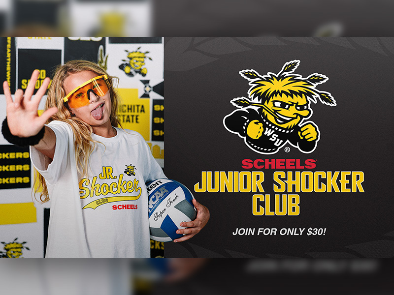 A Junior Shocker member poses with a volleyball on a graphic that highlights the SCHEELS Junior Shocker Club and the ability to join for only $30