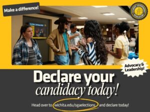 Students engage in conversation in the Wichita State University student center as part of a Student Government Association promotional graphic. The graphic features the slogans “Make a difference!” and “Advocacy & Leadership!” with the headline “Declare your candidacy today!” and directs viewers to wichita.edu/sgaelections to run for student government.