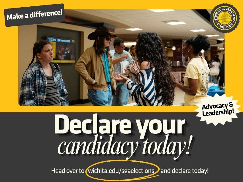 Students engage in conversation in the Wichita State University student center as part of a Student Government Association promotional graphic. The graphic features the slogans “Make a difference!” and “Advocacy & Leadership!” with the headline “Declare your candidacy today!” and directs viewers to wichita.edu/sgaelections to run for student government.