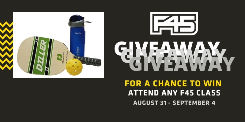 An image of a pickleball paddle, pickleball ball, and a water bottle. F45 Giveaway for a chance to win attend any f45 class August 31- September 4.