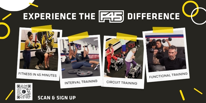 Experience the F45 Difference, four images of people working out in various poses in a F45 studio. Fitness in 45 Minutes, Interval Training, Circuit Training, Functional Training. A QR code to scan & sign up