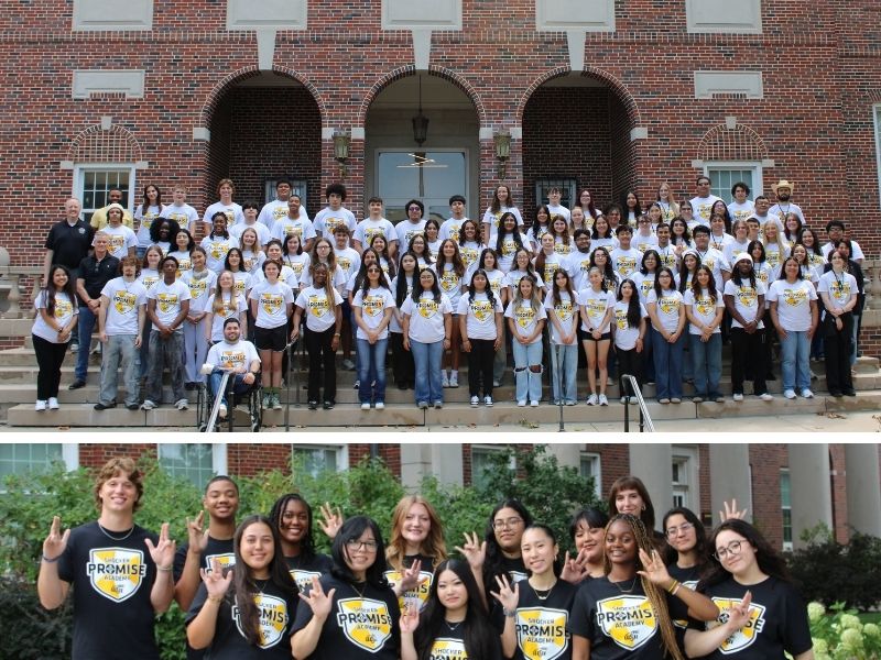 Two photos in the collage. The top photo shows all students in the program, along with administration, faculty, and staff. The bottom photo is of our mentors. They are all wearing Shocker Promise Academy logo shirts.
