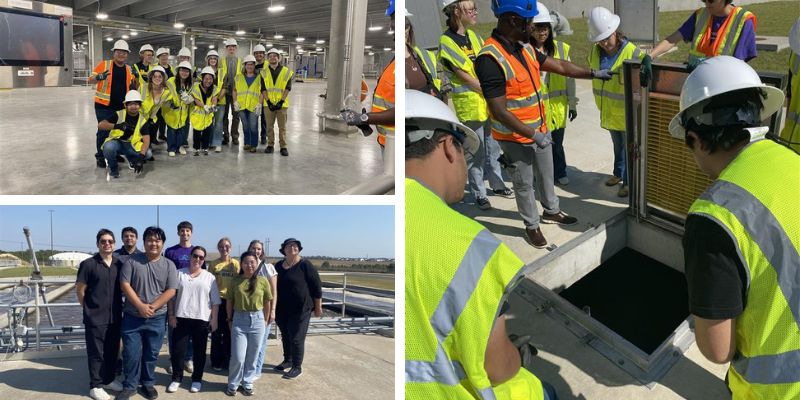 A photo collage featuring three images related to a water treatment utility tour. In the top left, a group of Water Science Communication Fellows wearing hard hats and safety vests pose together for a group photo at a water treatment plant. In the bottom left, a group of smiling students stands outside with a water aeration tank in the background. On the right, students wearing hard hats and safety vests inspect an open underground utility chamber.