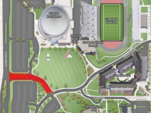 A graphic of the campus map with the section of Alumni Drive off of N. Hillside Street highlighted in red.