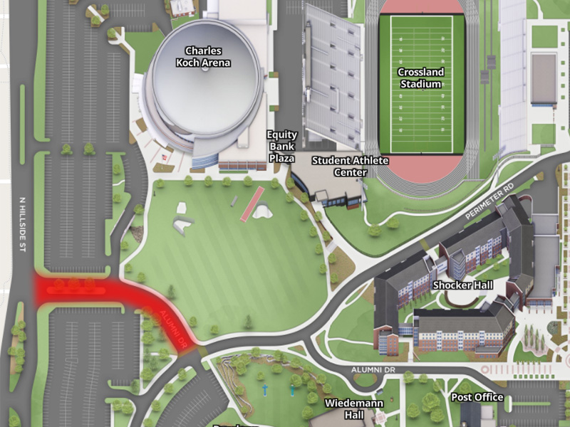 A graphic of the campus map with the section of Alumni Drive off of N. Hillside Street highlighted in red.