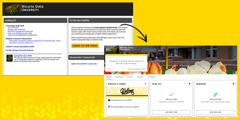 Screenshots of the old myWSU look and the new myWSU on a Shocker yellow background and yellow wheat kernels with an arrow pointing from one to the other