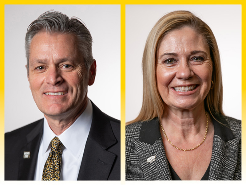 President Rick Muma and Provost Monica Lounsbery on a white and yellow gradient background