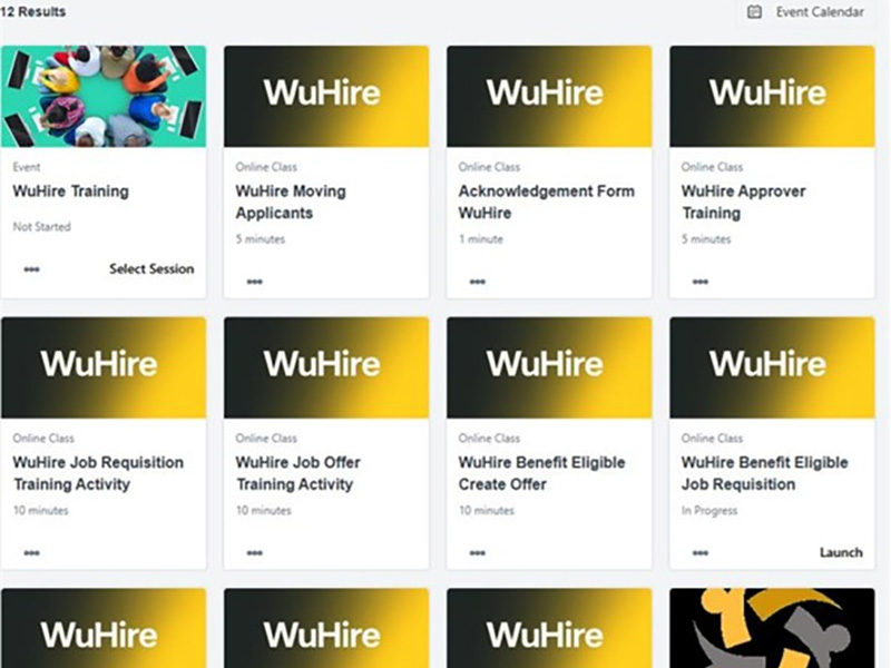 4 boxes across & 3 down. Text on each is Wuhire. Moving Applicants, Acknowledge form, Approver Training, Job Requisition Activity. Offer Training Activity, Create offer, Create Job Requisition, Total Hiring Process Steps