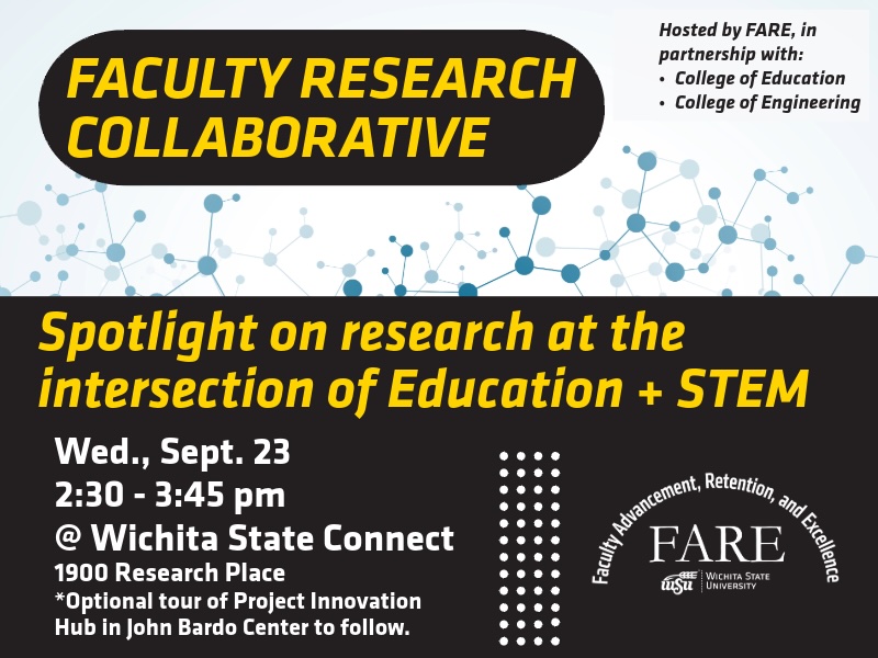 Decorative flyer: The Faculty Research Collaborative will spotlight research at the intersection of Education and STEM; Wednesday, Sept. 23, 2:30-3:45 pm at Wichita State Connect, 1900 Research Place. There will be an optional tour of the Project Innovation Hub in John Bardo Center to follow. The event is hosted by FARE, in partnership with the colleges of Education and Engineering.