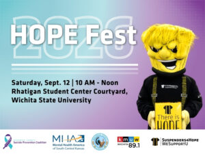 HOPE Fest 2026 flyer shows a smiling yellow mascot WuShock holding a “There is HOPE” box, with Sept. 12 Wichita event details and organization supporter logos.