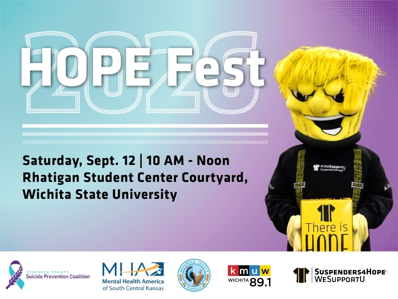 HOPE Fest 2026 flyer shows a smiling yellow mascot WuShock holding a “There is HOPE” box, with Sept. 12 Wichita event details and organization supporter logos.