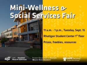 Wichita State University graphic for Mini-Wellness & Social Services Fair, showing a campus building, event details, prizes, freebies, and resources. Text says: "Mini-Wellness & Social Services Fair: 11 a.m. - 1 p.m., Tuesday, Sept. 15 Rhatigan Student Center 1st floor Prizes, freebies, resources"
