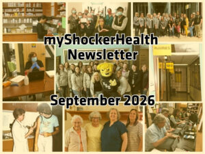 Photo collage of healthcare providers, with yellow overlay. Text says "myShockerHealth Newsletter September 2026"