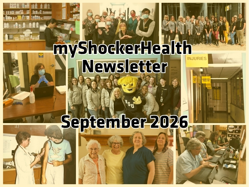 Photo collage of healthcare providers, with yellow overlay. Text says "myShockerHealth Newsletter September 2026"