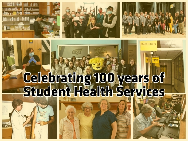A photo collage of health professionals from different time periods with a yellow overlay. Text says: Celebrating 100 years of Student Health Services
