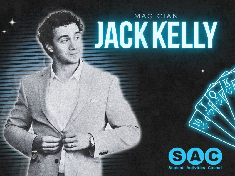 Image of Magician Jack Kelly with neon blue playing cards and SAC students activities council logo