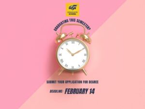 Retro twin bell alarm clock over a pink background. Accompanying text: Grad student, graduating this semester? Submit your application for degree. Deadline: September 15.