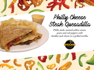 Philly Cheese Steak Quesadilla. Philly steak, sauteed yellow onion, green and red peppers with cheddar jack cheese in a grilled tortilla. Shocker Sports Grill & Lanes logo