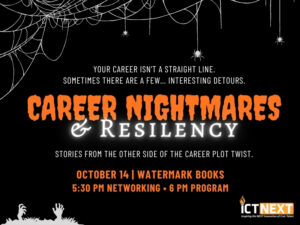 Graphic with black background, spiderwebs and Halloween font, "Career Nightmares &