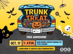 Colorful Halloween-themed flyer for SAC Trunk or Treat. The graphic shows a decorated car trunk filled with candy, surrounded by bats, a spider, a ghost, a black cat, a lollipop, and a skeleton. Text announces: ‘Trunk or Treat,’ October 17, 1–4 p.m., at the John Bardo Center parking lot at 17th and Oliver. The flyer directs viewers to wichita.edu/trunkortreat for more information. Sponsored by SAC, Student Activities Council.