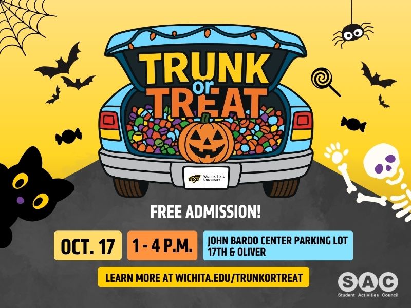 Colorful Halloween-themed flyer for SAC Trunk or Treat. The graphic shows a decorated car trunk filled with candy, surrounded by bats, a spider, a ghost, a black cat, a lollipop, and a skeleton. Text announces: ‘Trunk or Treat,’ October 17, 1–4 p.m., at the John Bardo Center parking lot at 17th and Oliver. The flyer directs viewers to wichita.edu/trunkortreat for more information. Sponsored by SAC, Student Activities Council.