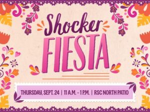 Promotional graphic for "Shocker Fiesta" featuring colorful floral borders and papel picado designs. Text announces the event is on Thursday, Sept. 24, from 11 a.m. to 1p.m. at the RSC North Patio.